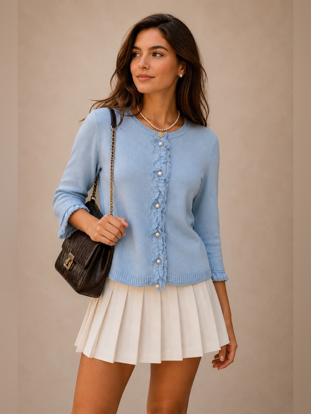 St. John Blue Silk Cashmere Pearl Ruffle Cardigan Sweater Small S